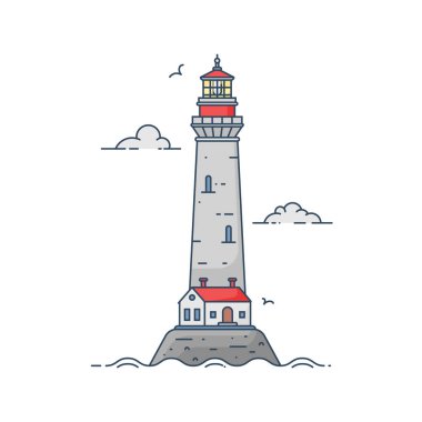 Denizdeki deniz feneri Bulutlar ve dalgalarla