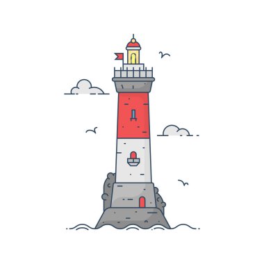 Kaya adasında deniz feneri Bulutlar ve dalgalarla