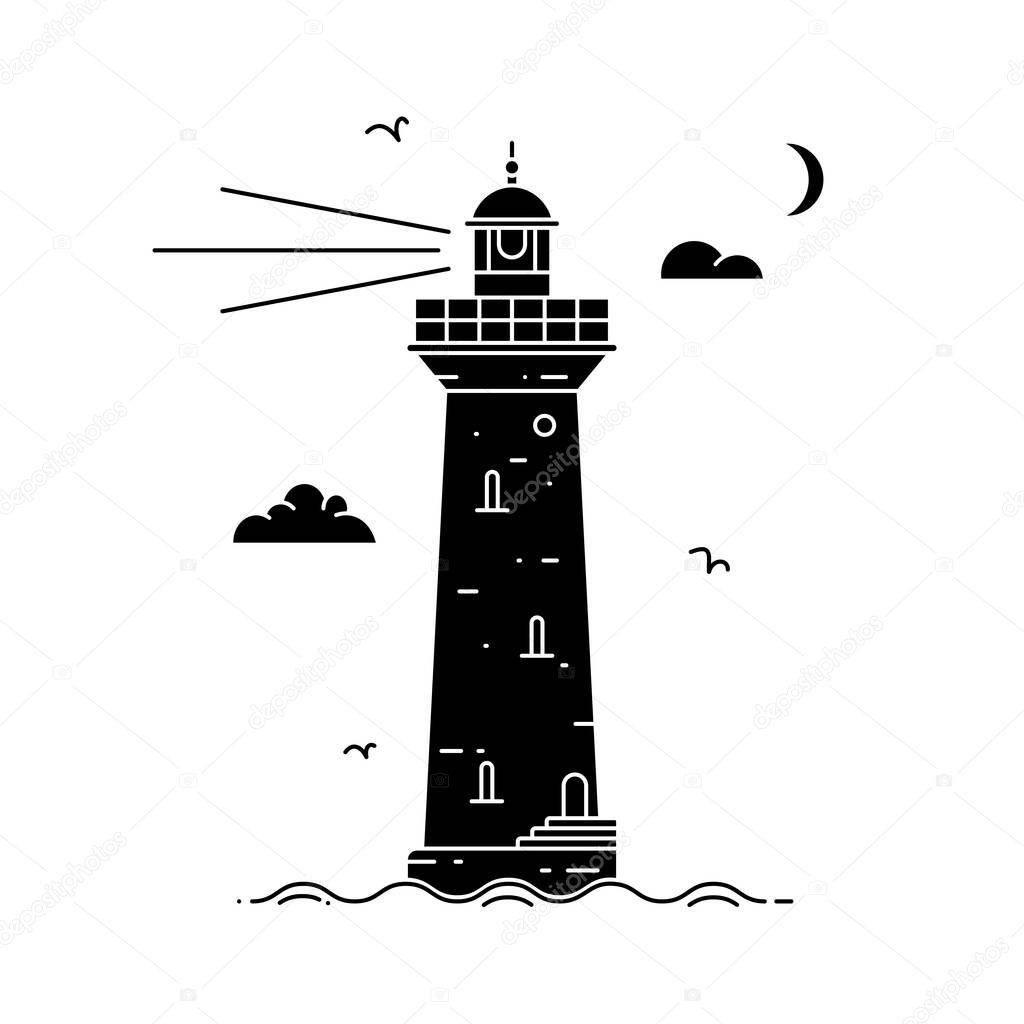 Silhouette lighthouse on island in middle of sea with clouds and waves in flat style. Vector illustration of seascape