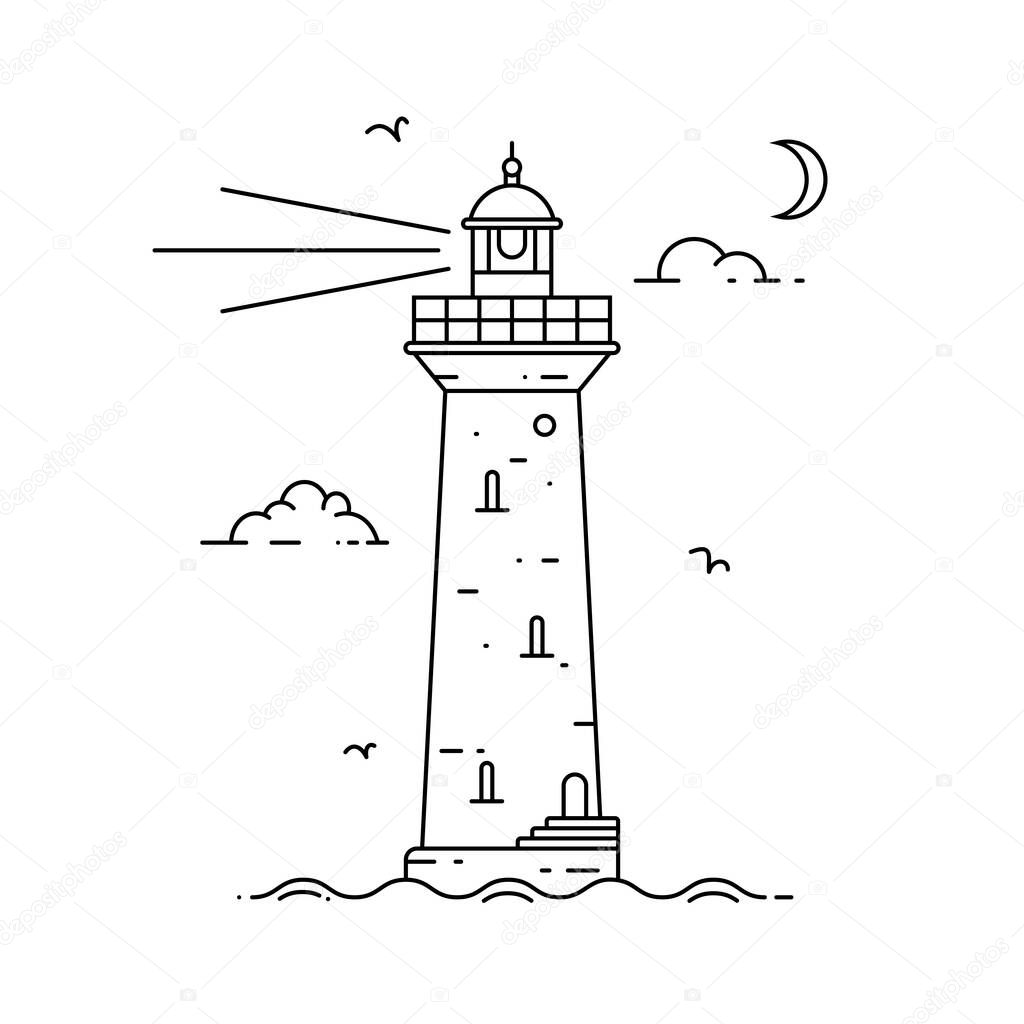 Outline lighthouse on island in sea with clouds and waves