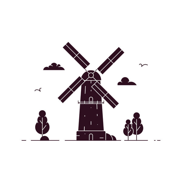 Simple silhouette windmill with birds, trees and clouds