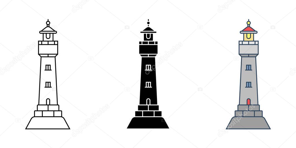 Set of simple flat minimalism lighthouses in three variations. Vector illustration