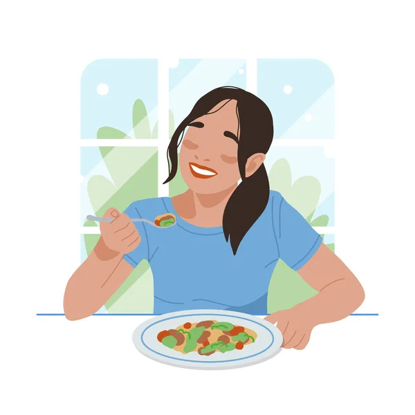 Menina feliz comendo comida vegetariana saudável — Vetor de Stock