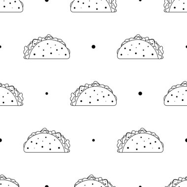 Outline seamless black and white pattern with mexican tacos