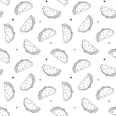 Outline seamless black and white pattern with mexican tacos