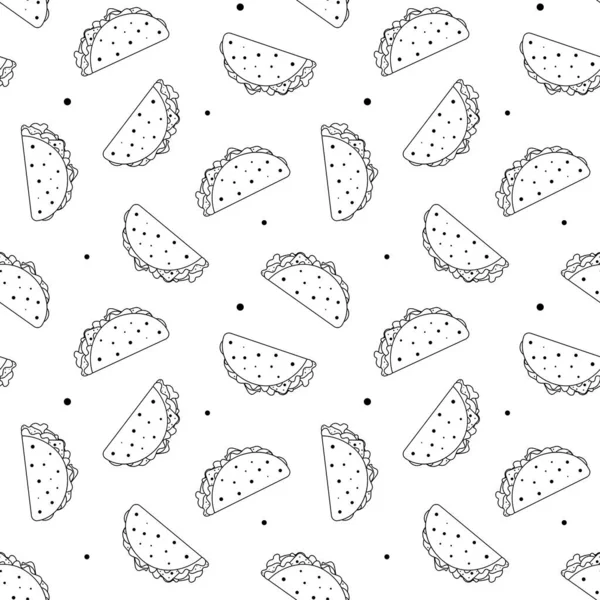 Outline seamless black and white pattern with mexican tacos — Stockvektor