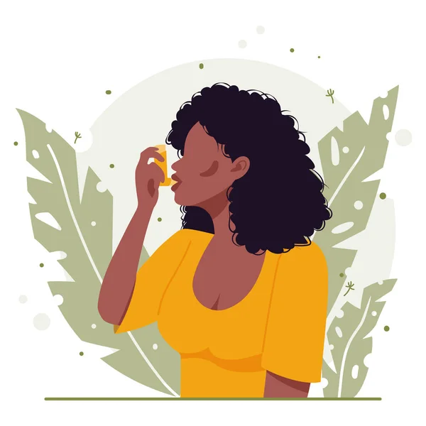 Zwarte vrouw inhaleert astma inhalator tegen allergie aanval — Stockvector