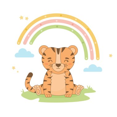 Gökkuşağının altında çimlerin üzerinde oturan sevimli çizgi film kaplanı.