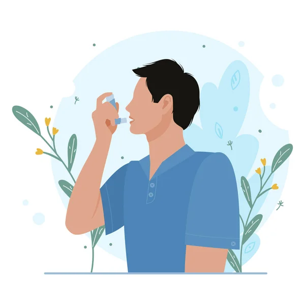 Férfi használ asztma inhalátor ellen allergiás roham — Stock Vector