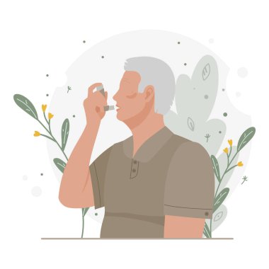 Yaşlı adam alerji atağına karşı astım spreyi soluyor.