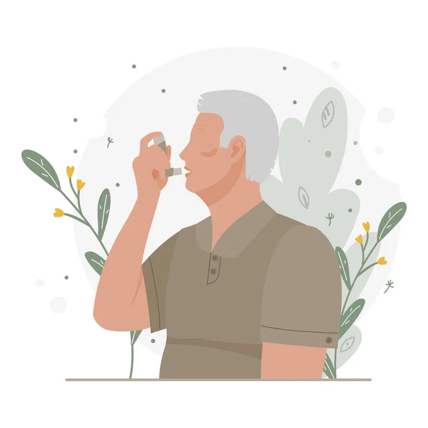 Viejo inhala inhalador de asma contra ataque de alergia — Vector de stock