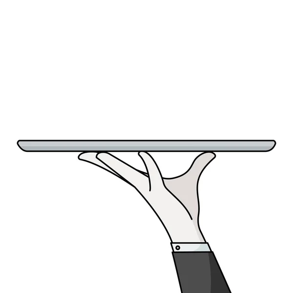 Cartoon waiter hand holding empty serving tray — Stock Vector