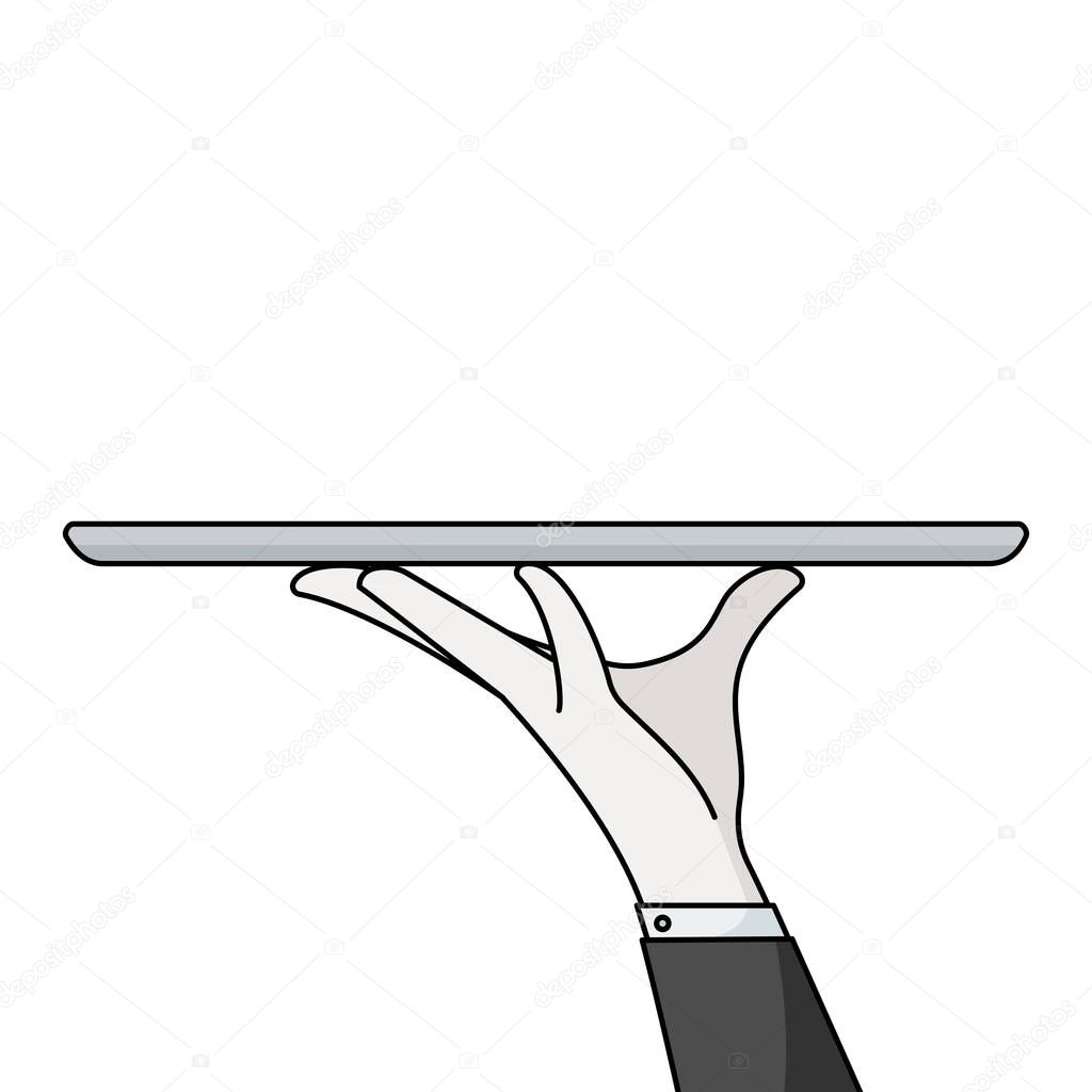 Cartoon waiter hand holding empty serving tray