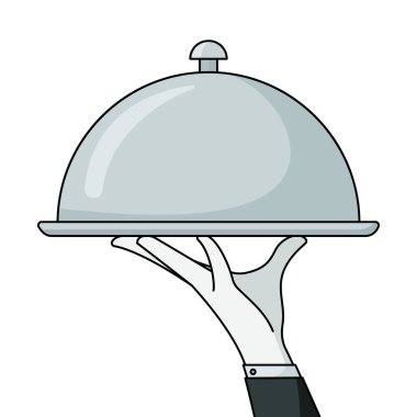 Garsonun elinde gümüş servis tepsisi var.