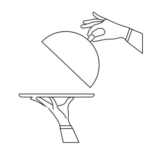 Disposition servitör hand hålla silver serveringsbricka och cloche — Stock vektor