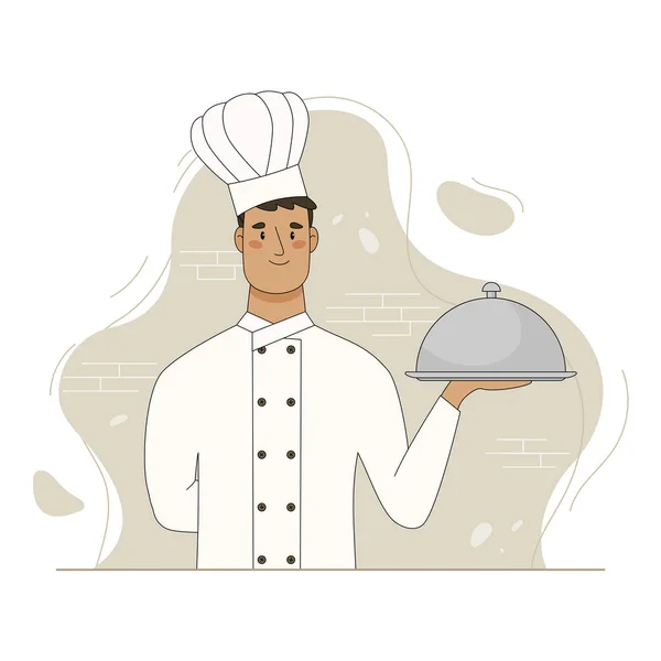 Head cook waiter hold dish closed with cloche — Stock Vector