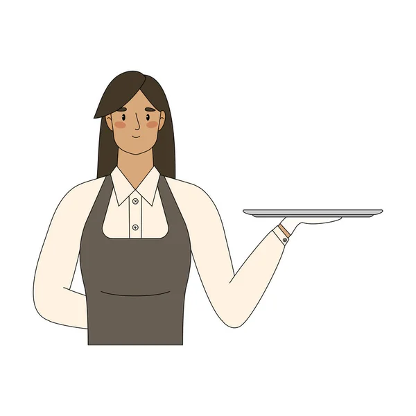 Cartoon kobieta kelnerka trzymać pusty taca — Wektor stockowy