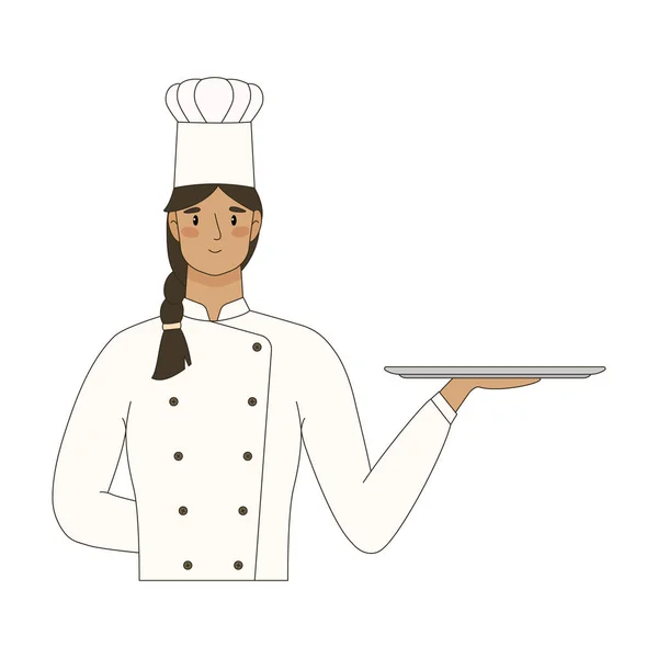 Femme Chef Tenir Vide Plateau Service Illustration Vectorielle Dessin Animé — Image vectorielle