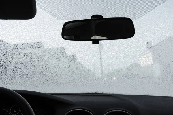 Milchglas Auto Frostige Muster Auf Der Windschutzscheibe Eines Autos Blick — Stockfoto