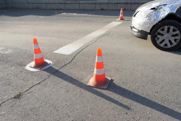 Traffic cones in driving school or test. car at the training site
