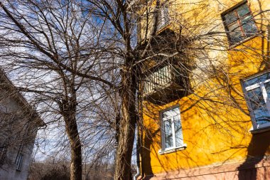 Sonbaharda ağaçların çıplak dalları ve mavi gökyüzüne karşı sarı büyük bir evin bir kısmı..