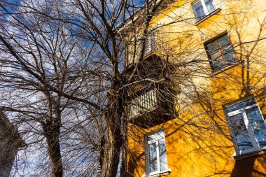 Sonbaharda ağaçların çıplak dalları ve mavi gökyüzüne karşı sarı büyük bir evin bir kısmı..