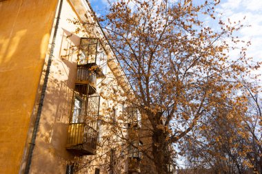 Sonbaharda ağaçların çıplak dalları ve mavi gökyüzüne karşı sarı büyük bir evin bir kısmı..