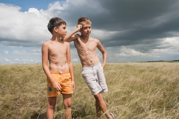 Αγόρια Που Στέκονται Ένα Χωράφι Αγόρια Σορτς Δύο Φίλοι Παιδιά Royalty Free Εικόνες Αρχείου