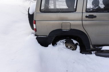 Ağaçların arasında karla kaplı bir SUV arabası..