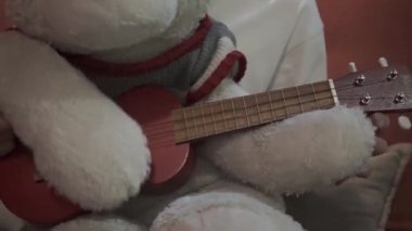 Yumuşak oyuncak kurt gitar çalar. Adam yumuşak bir oyuncakla oynuyor. Kuklacı yumuşak bir oyuncak kullanıyor.