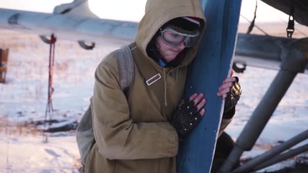 Boy Pushes His Hands Screw Airplane Background Airplane Frozen Plane — Stock Video