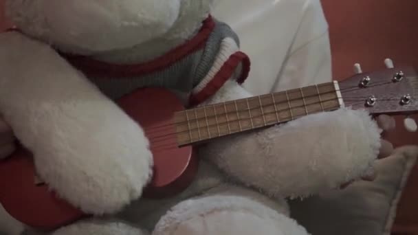 Lobo Brinquedo Macio Toca Guitarra Homem Está Brincando Com Brinquedo — Vídeo de Stock