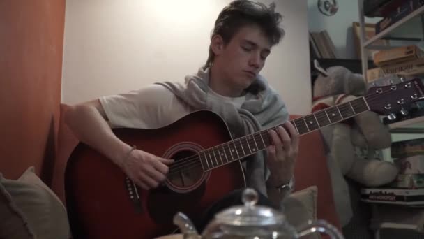 Genç Adam Dairede Kanepede Otururken Günlük Tişört Giyip Akustik Gitar — Stok video