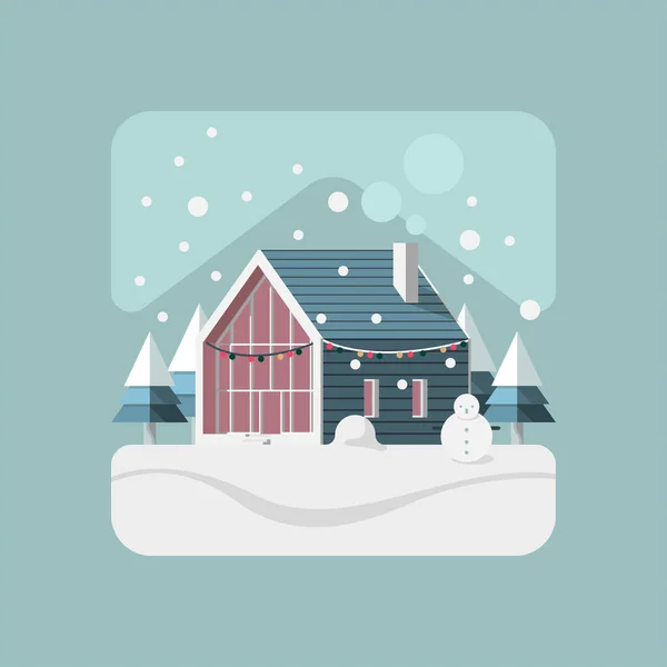 House In Winter Snow With Mountain And Pine Trees As Background — Stock Illustration House Winter Snow Mountain Pine Trees Background Stock Vector