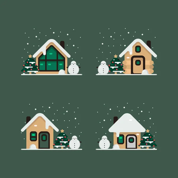 Karácsonyi Ház Télen Kiegészítve Karácsonyfa Hóember Dekoráció Udvaron — Stock Vector