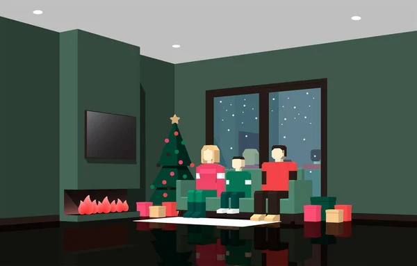 Perspectiva Ilustración Vectorial Una Familia Celebrando Navidad Año Nuevo Frente — Vector de stock