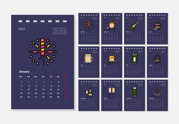2021 Новый Год Календарь Шаблон Партийной Тематикой Иллюстрации — стоковый вектор