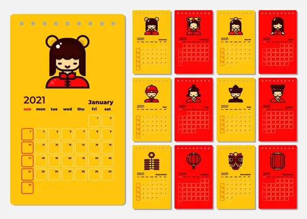 New Year 2021 Calendar Template Chinese Theme — стоковый вектор