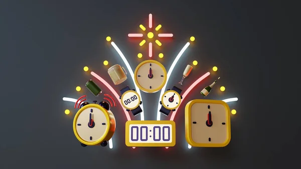 Rendering Composition Clock Watch Champagne Beer Neon Light Suitable New — Stock Photo, Image