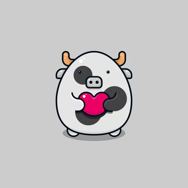 Lindo Personaje Animal Vaca San Valentín Sosteniendo Símbolo Forma Corazón — Vector de stock