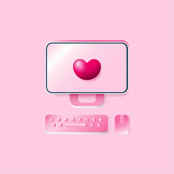 Valentijn Desktop Computer Met Hart Vorm Symbool — Stockvector