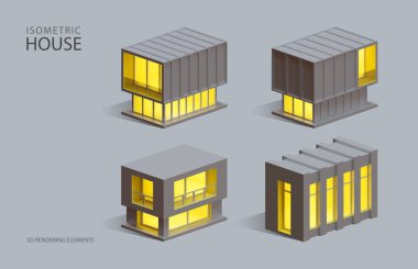 Dört Isometric 3D Yapılandırılmış Kutu Evleri elementleri, içinde gri ve sarı ışıklandırma.