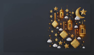 Bayram Mübarek İniş Sayfa Şablonu Ketupat, Fener, Hilal, Yıldız ve Bulut Kompozisyonu