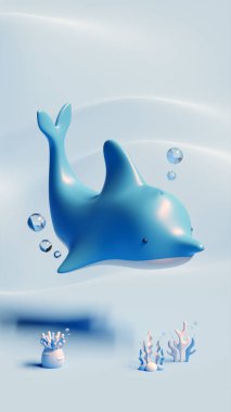 Dünya Okyanusları Günü Sosyal Medya Hikayesi Biçimi Dolphin 3D Resimlendirme Şeftali ve Mavi
