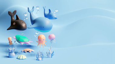 Dünya Okyanusları Günü Deniz Hayvanlarıyla İniş Şablonu 3B Hazırlama