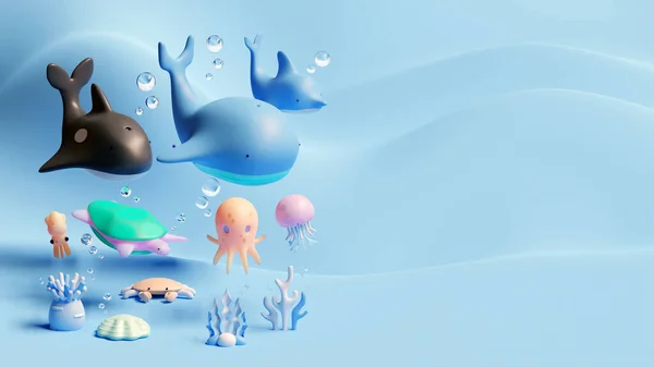 Giornata Mondiale Degli Oceani Landing Page Template Sea Animals Rendering — Foto Stock