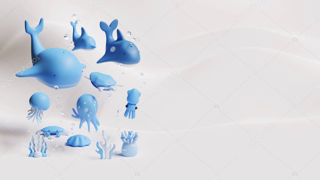 World Oceans Day Landing Page Template With Sea Creatures 3D Rendering