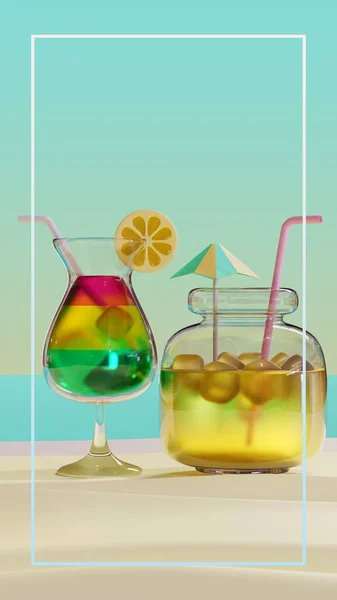 Summer Glass And Jar 3D Rendering Illustration, suitable for holiday, vacation, tourism, and summer theme