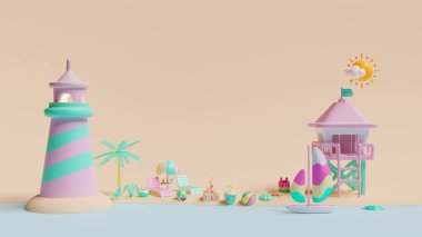 Ön manzaralı yaz iniş sayfası şablonu 3D resimleme 