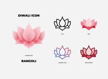 Rangoli simgesi 5 stilde, gradyan düz çizgi, düz çizgi, eğim çizgisi ve renk çizgisi. Rangoli, Hindistan 'da ortaya çıkan bir sanat türüdür..